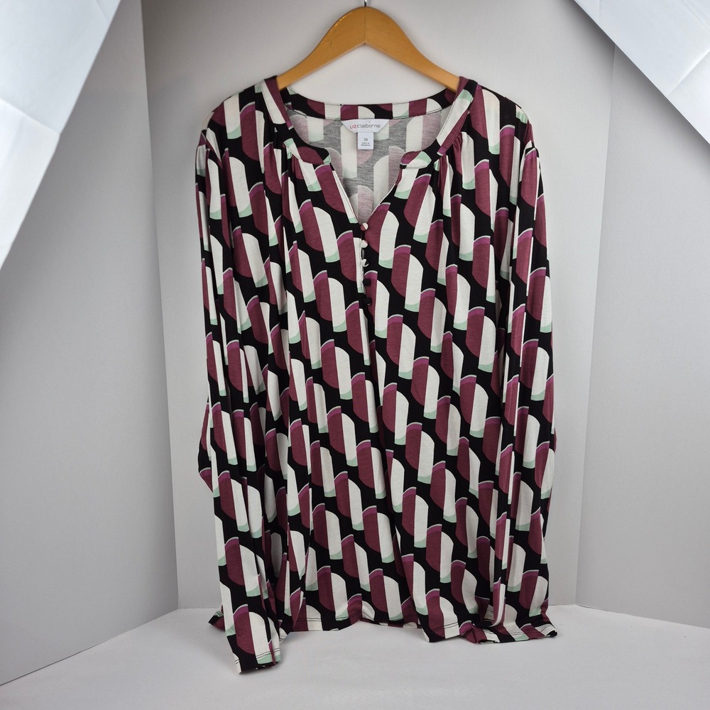 Liz Claiborne Womens 3X Geometric Print Long Sleeve Split Neck Blouse Plum Black